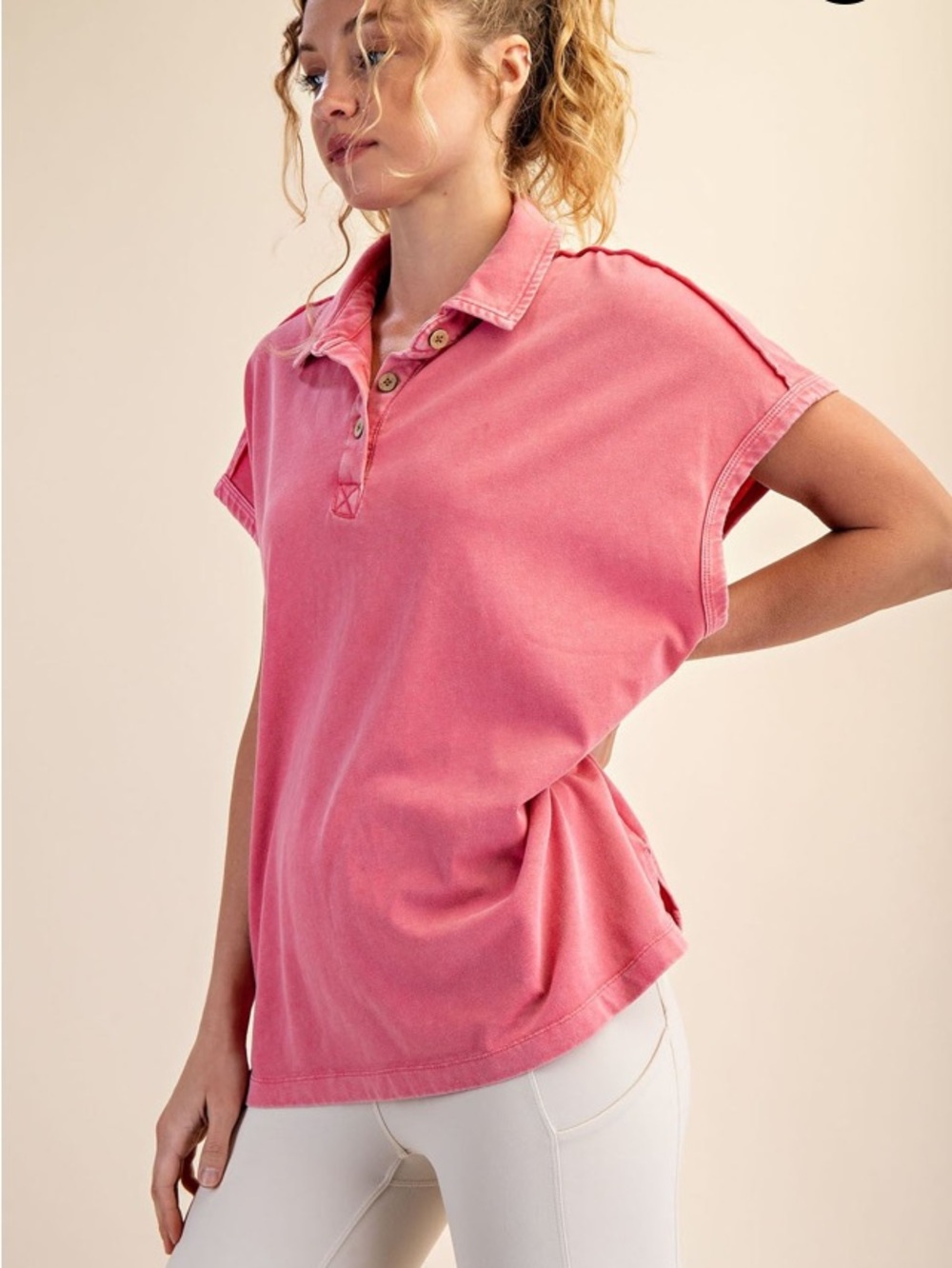 Women's Washed Pink Button-Down Polo Shirt
